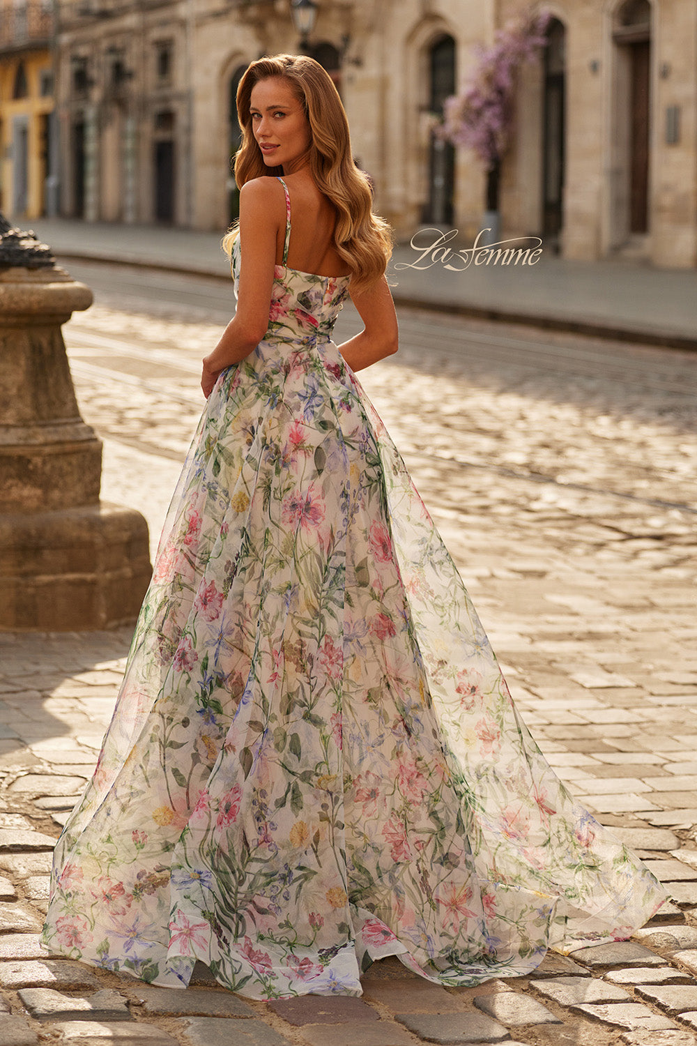 La Femme 33516 Multi-colored prom dress in print chiffon with a flowing A-line silhouette.