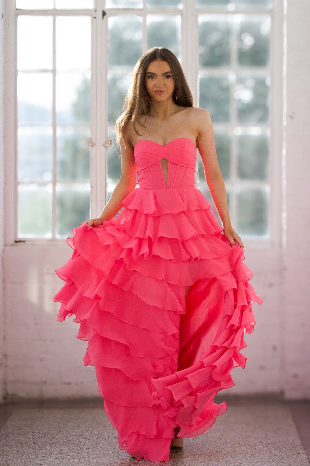 Miah Vega 24502 prom dress images.  Miah Vega 24502 is available in these colors: Black, Bright Pink, Peacock, Red, Light Turquoise, White, Yellow.