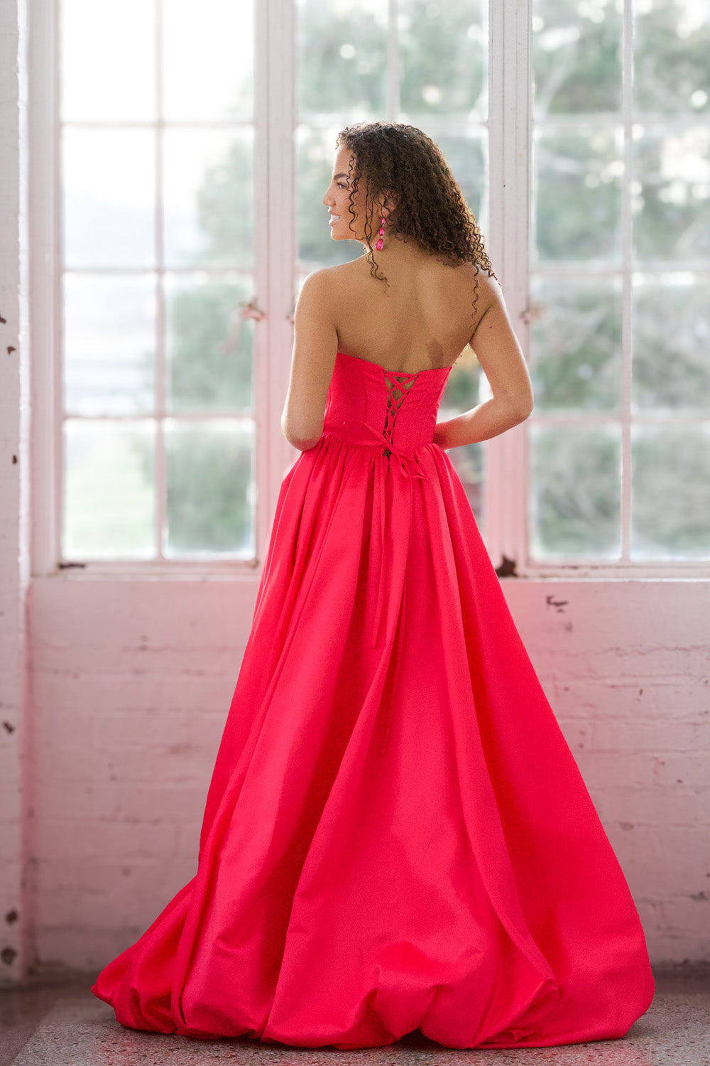 Miah Vega 24601 Bright pink ballgown with lace-up back, perfect for prom prom dress.