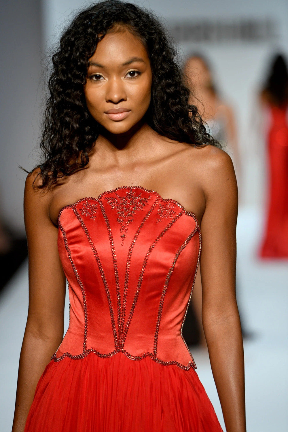 Sherri Hill 46703 red strapless beaded corset gown with pleated chiffon skirt and high front slit full length view