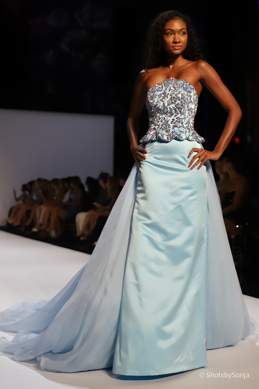 Sherri Hill 46706 light blue beaded sweetheart bodice with scalloped peplum over fitted satin skirt and voluminous train