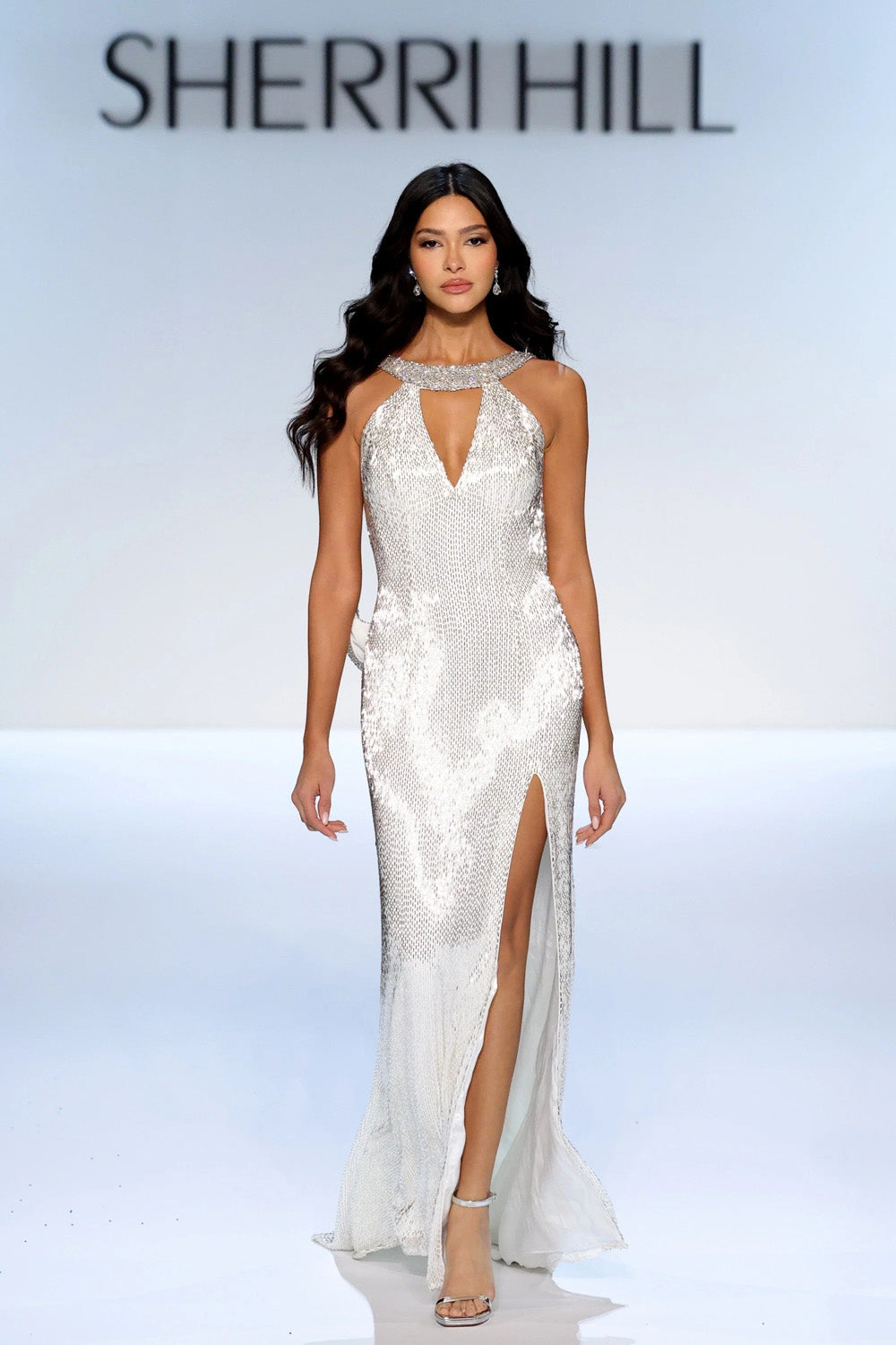 Sherri Hill 46714 ivory silver halter column gown back view showing crossed embellished straps and open back