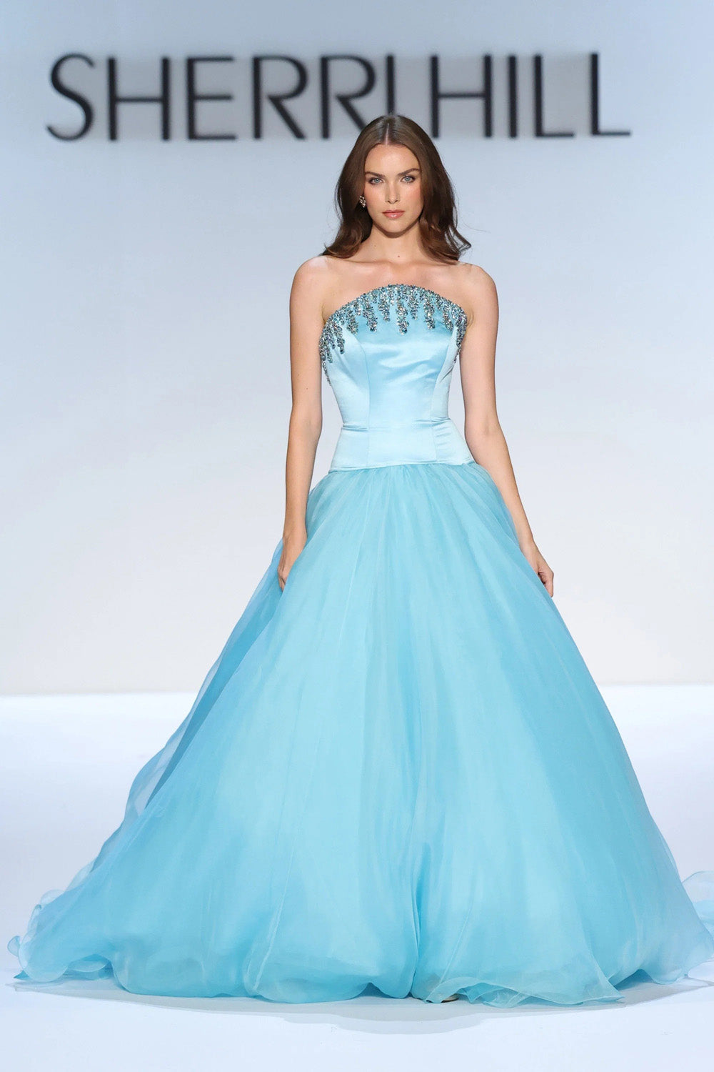 Sherri Hill 46729 aqua strapless ball gown with beaded bodice and full layered tulle skirt full length view