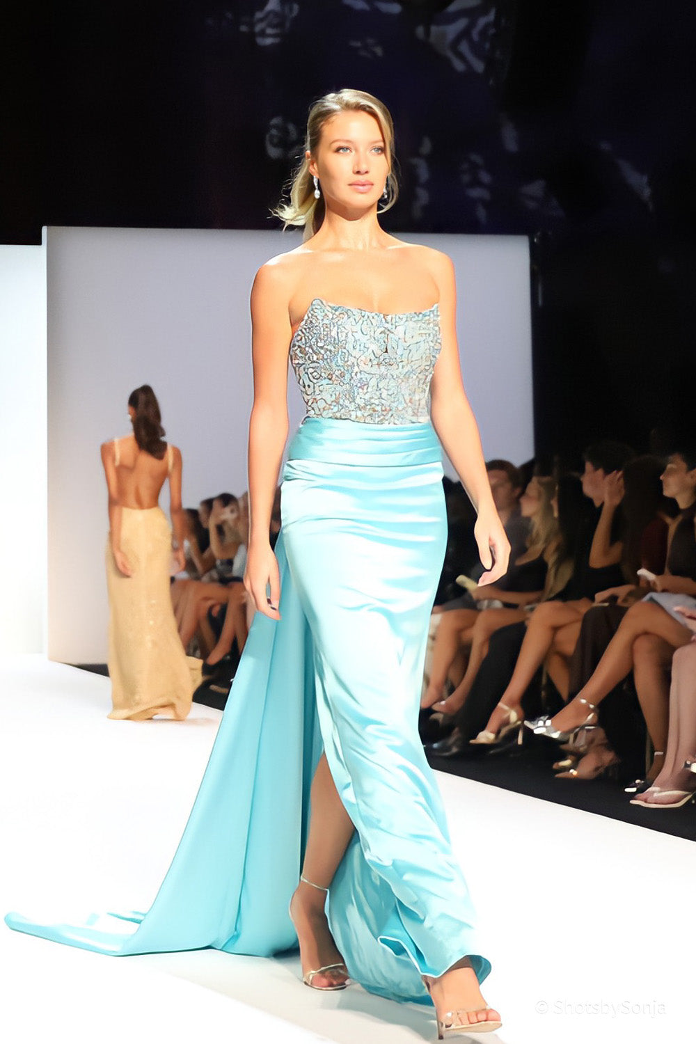 Sherri Hill 46731 aqua sweetheart beaded bodice gown with floor length satin skirt and sweeping train