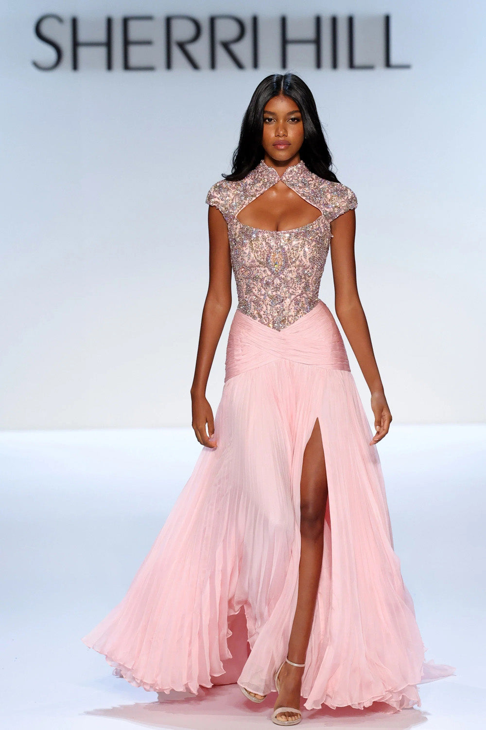 Sherri Hill 46740 periwinkle gown with beaded bodice high neck keyhole cutout and pleated chiffon skirt with front slit