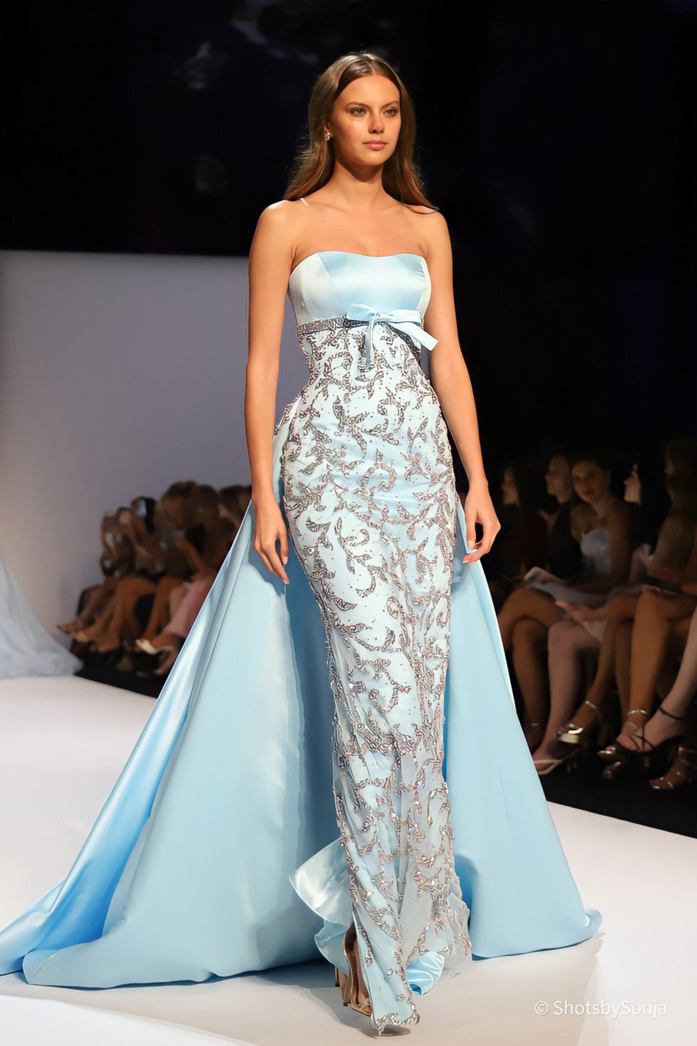 Sherri Hill 46743 light blue couture gown with branching beaded skirt and dramatic satin overskirt panels full length view
