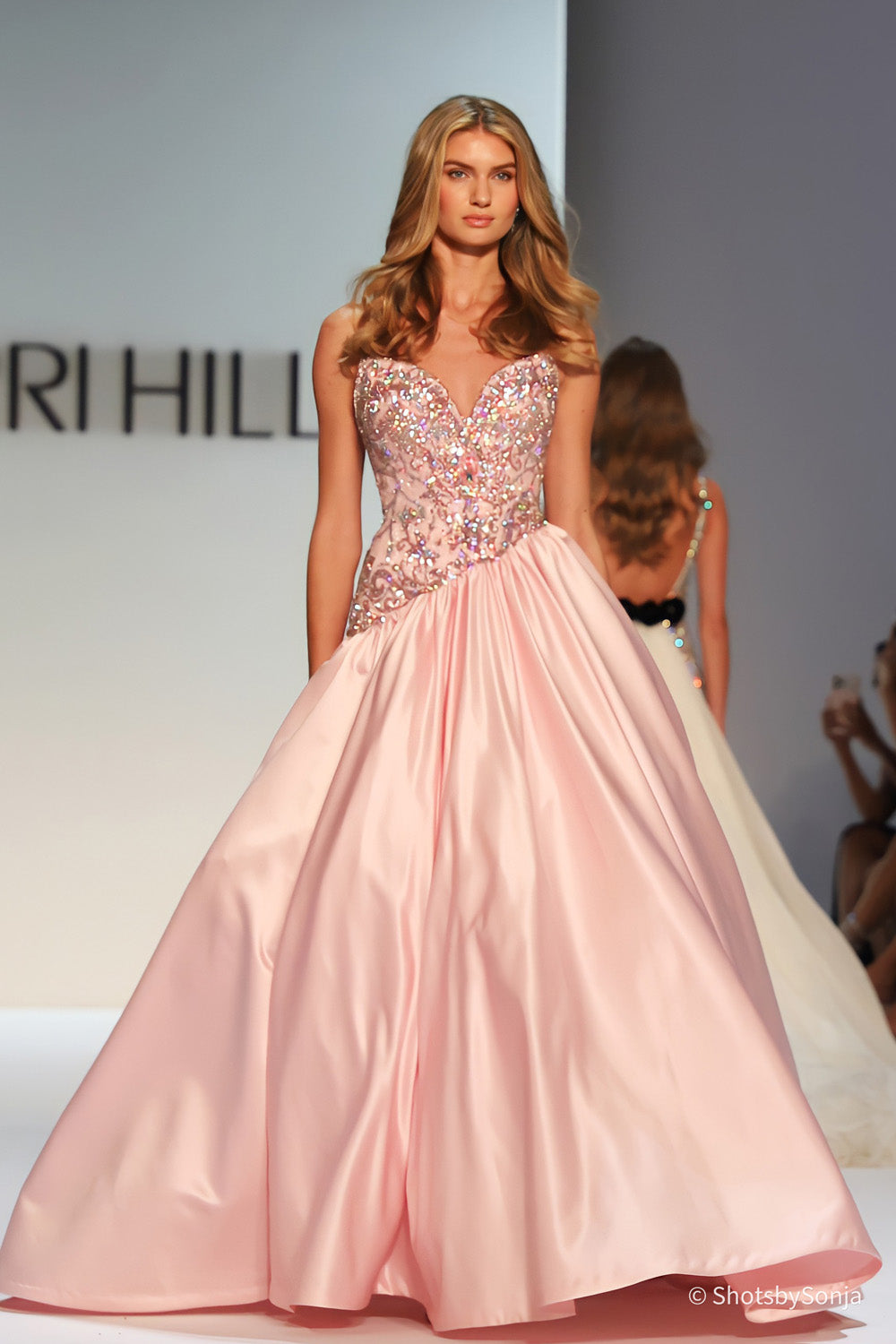 Sherri Hill 46748 blush couture gown with iridescent beaded bodice and broad full length satin skirt