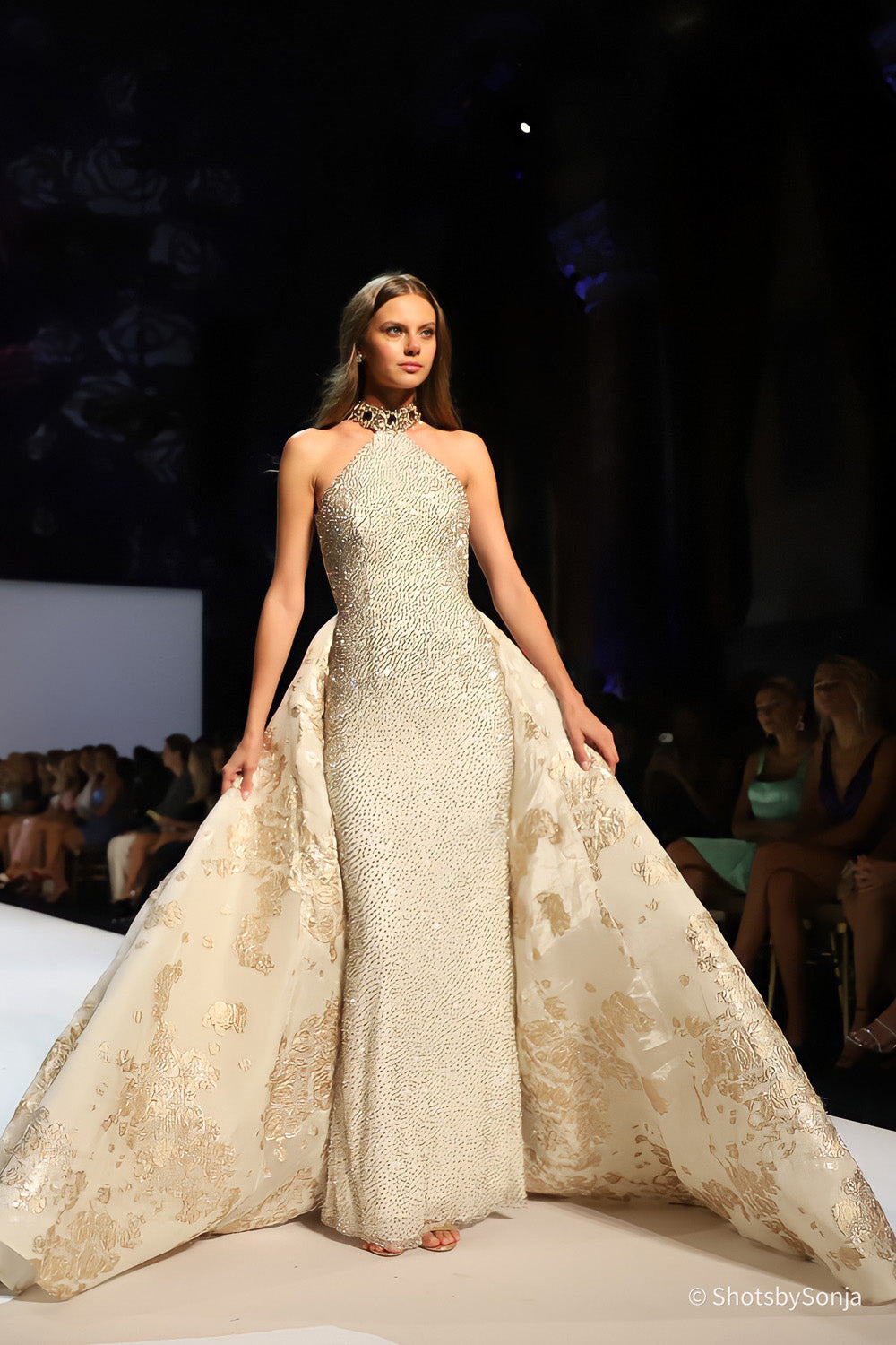 Sherri Hill 46751 ivory gold fitted beaded bodice and sweeping floral brocade overskirt full length view