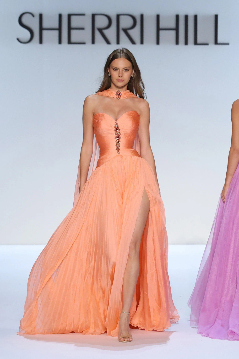 Sherri Hill 46759 coral pleated chiffon A-line gown with sweetheart neckline and stone embellished bodice