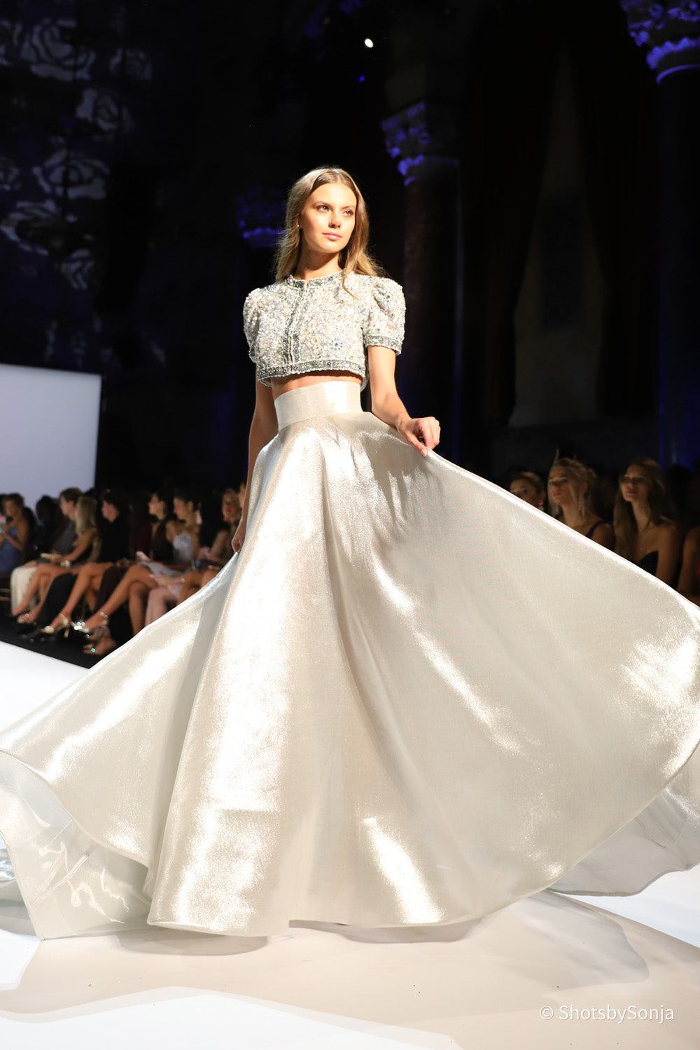 Sherri Hill 46780 silver ball skirt in motion with beaded short sleeve crop top at NYFW