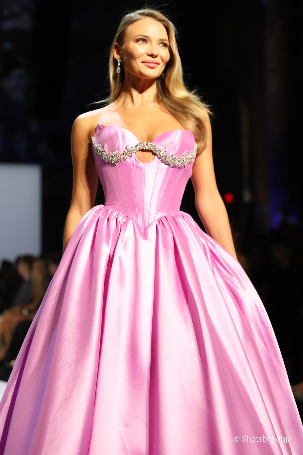 Sherri Hill 58161 pink satin strapless corset ballgown with beaded sweetheart neckline and keyhole cutout