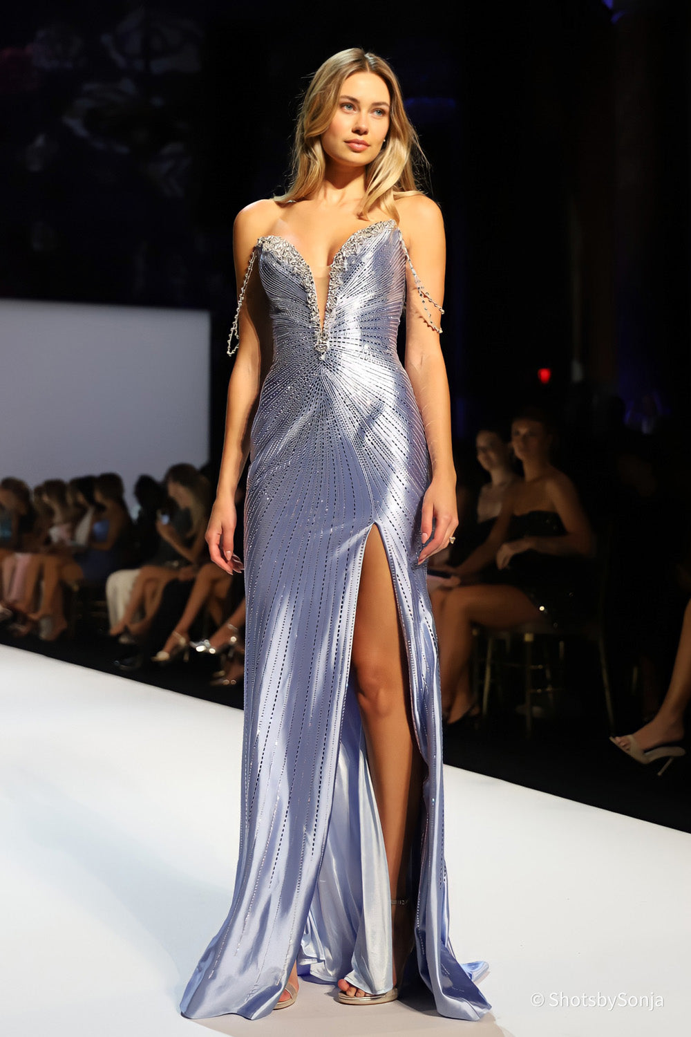 Sherri Hill 58213 periwinkle fitted gown with beaded sunburst bodice and high front slit, front view