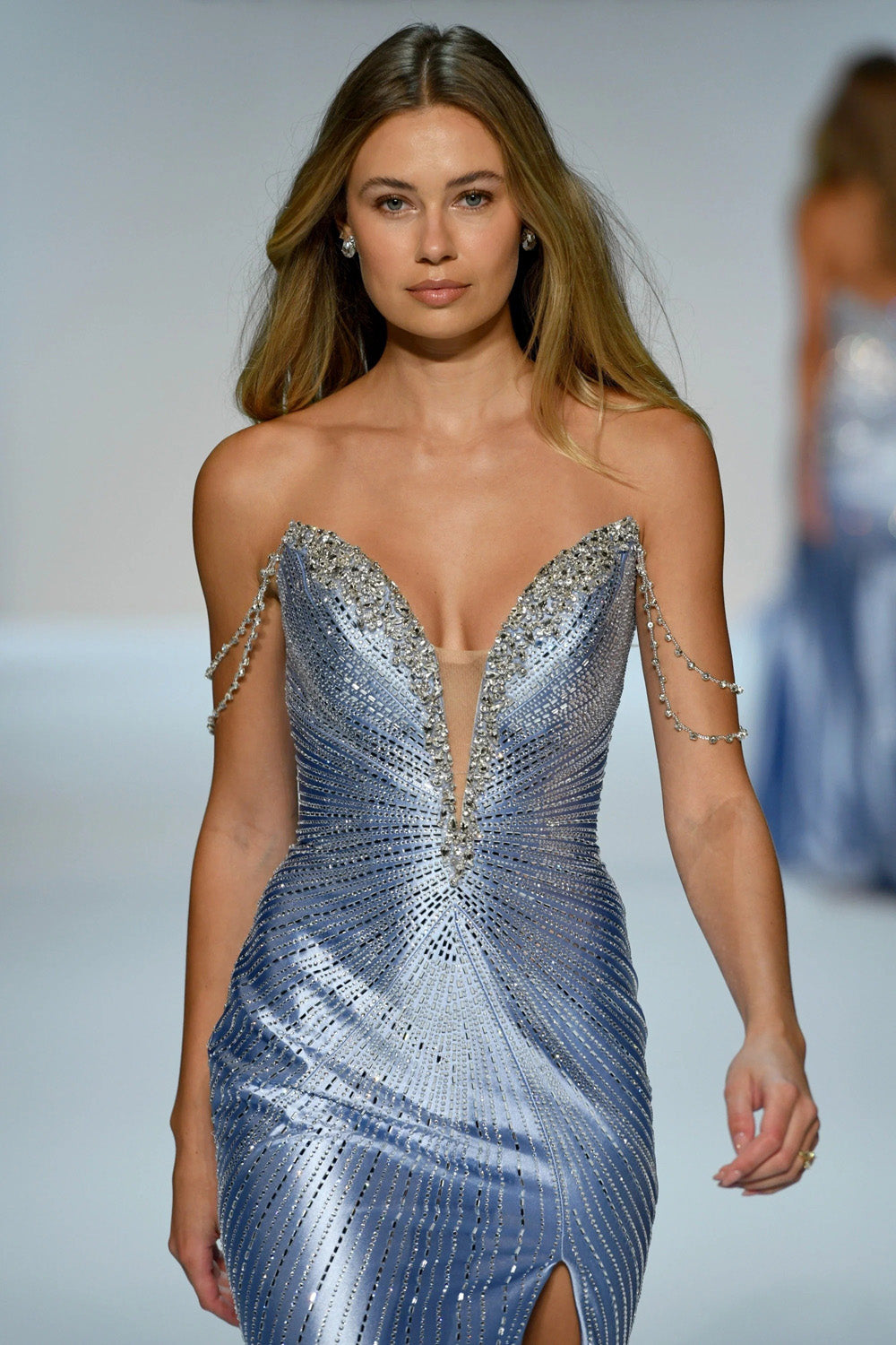 Sherri Hill 58213 periwinkle gown close up showing sweetheart neckline and dense beaded bodice detail