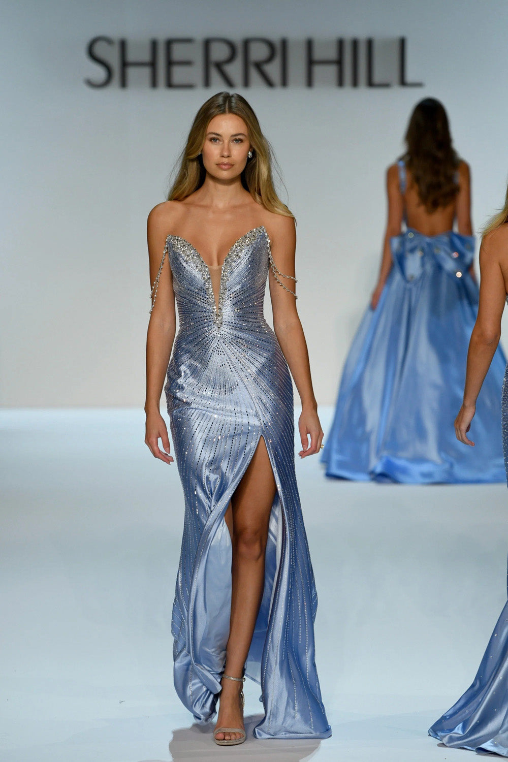 Sherri Hill 58213 periwinkle beaded fitted gown with plunge sweetheart neckline and floor length slit skirt, full runway view