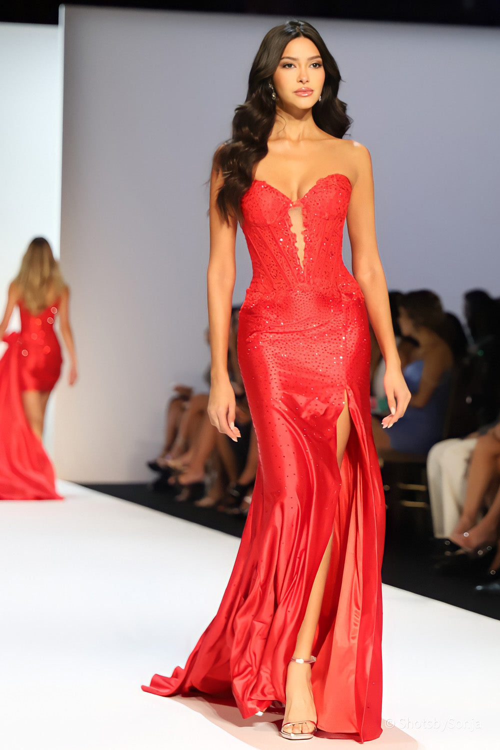 Sherri Hill 58469 red satin mermaid gown with beaded lace corset bodice and front slit full length runway view