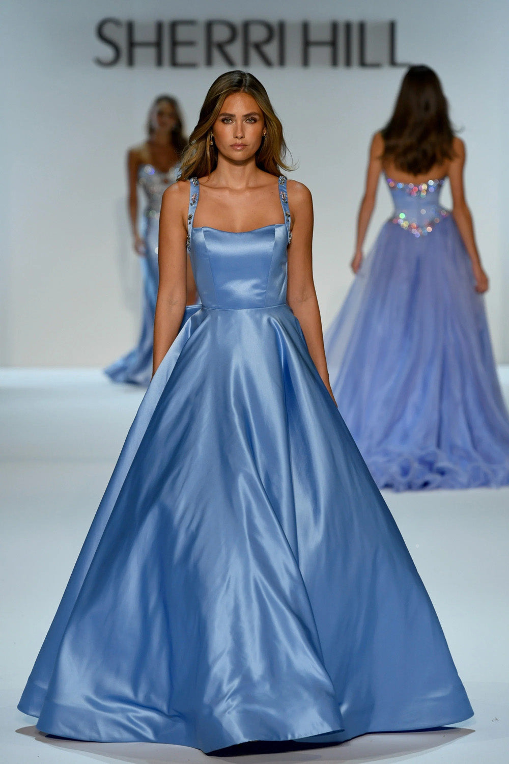 Sherri Hill 58475 light blue satin ballgown with beaded straps sweetheart neckline and full pleated skirt