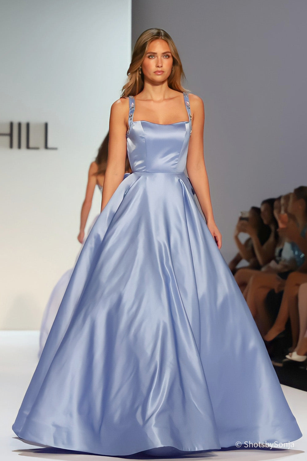 Sherri Hill 58475 periwinkle satin ballgown with floral beaded straps and sweeping box pleated skirt