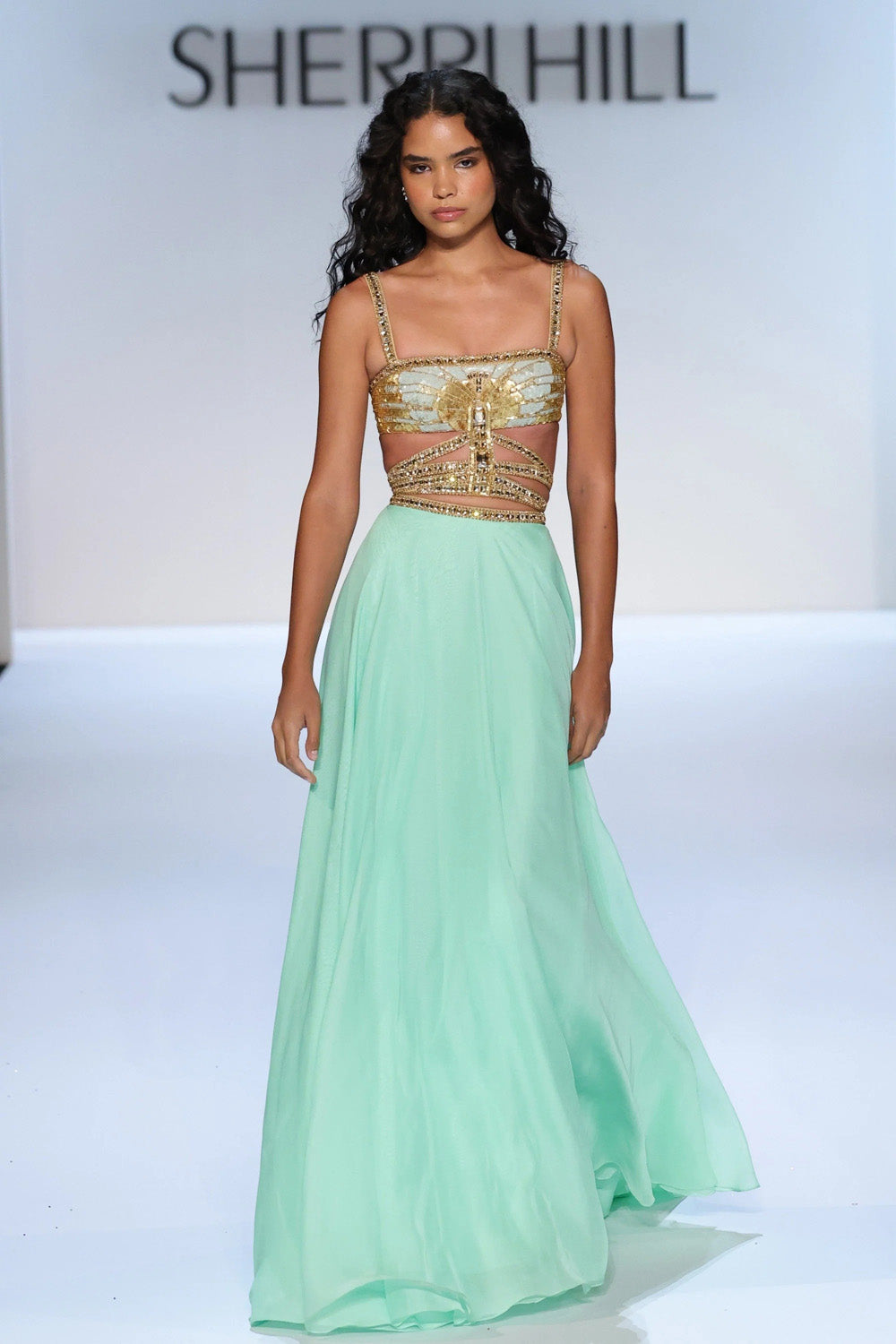 Sherri Hill 58513 in Aqua Gold beaded bodice with cage midriff bands and full length aqua chiffon skirt