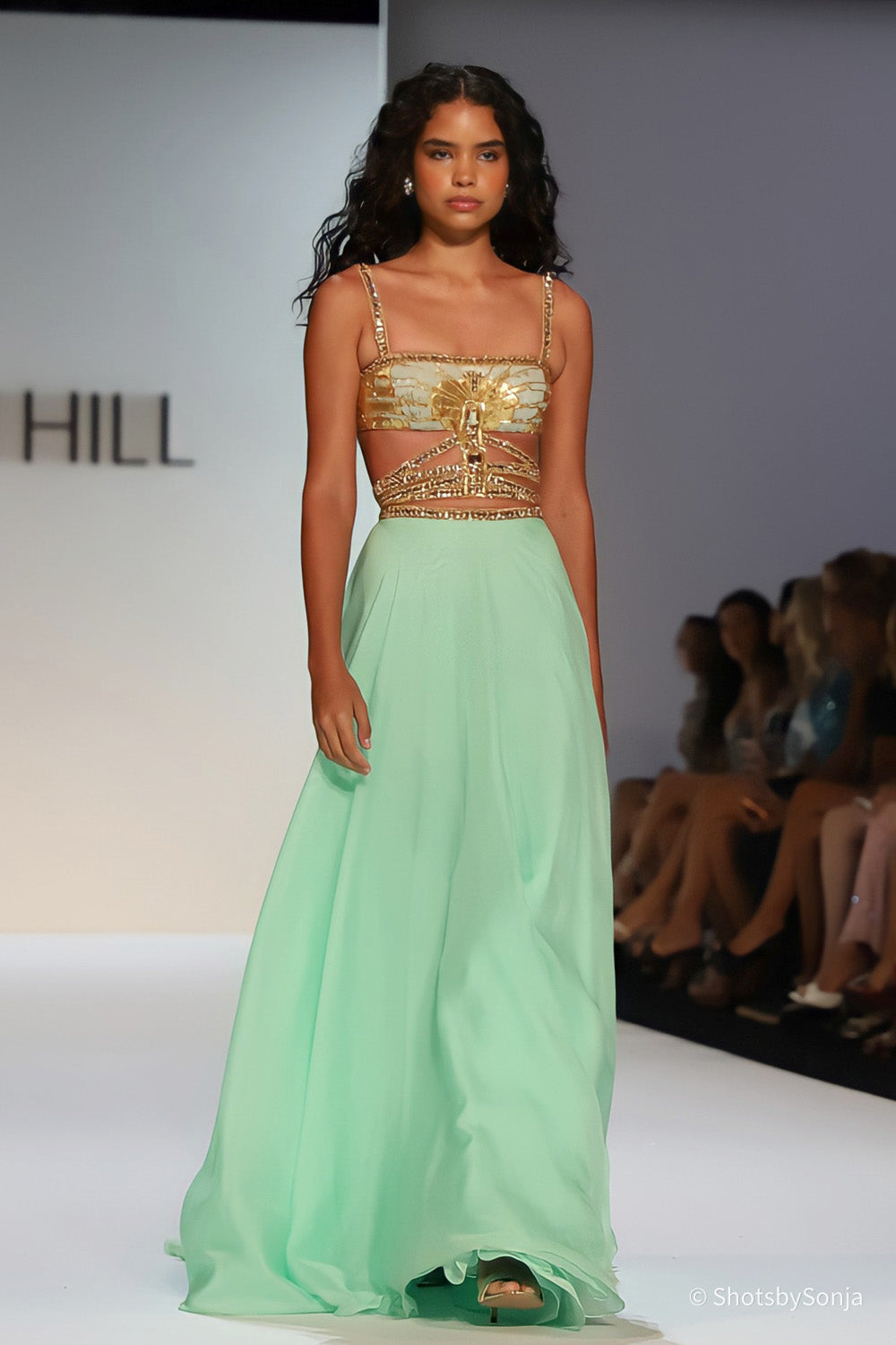 Sherri Hill 58513 in Light Green Gold with beaded cage bodice and flowing chiffon A-line skirt front view