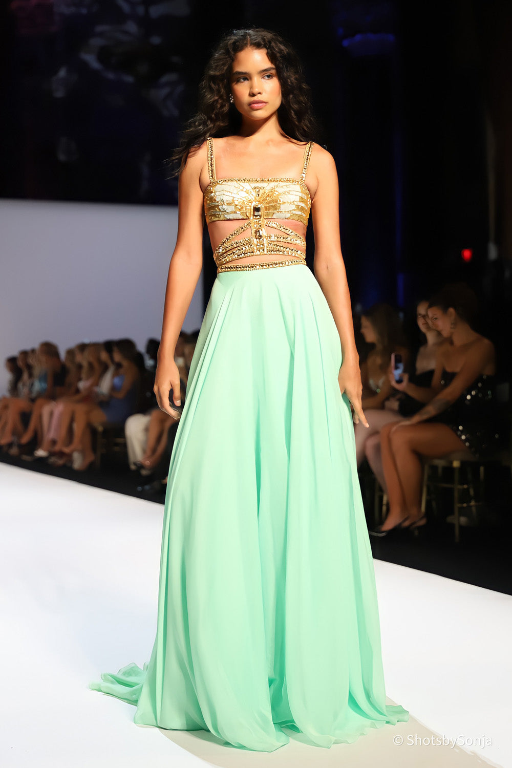Sherri Hill 58513 Light Green Gold beaded radial bodice and cage midriff with mint chiffon skirt mid-walk