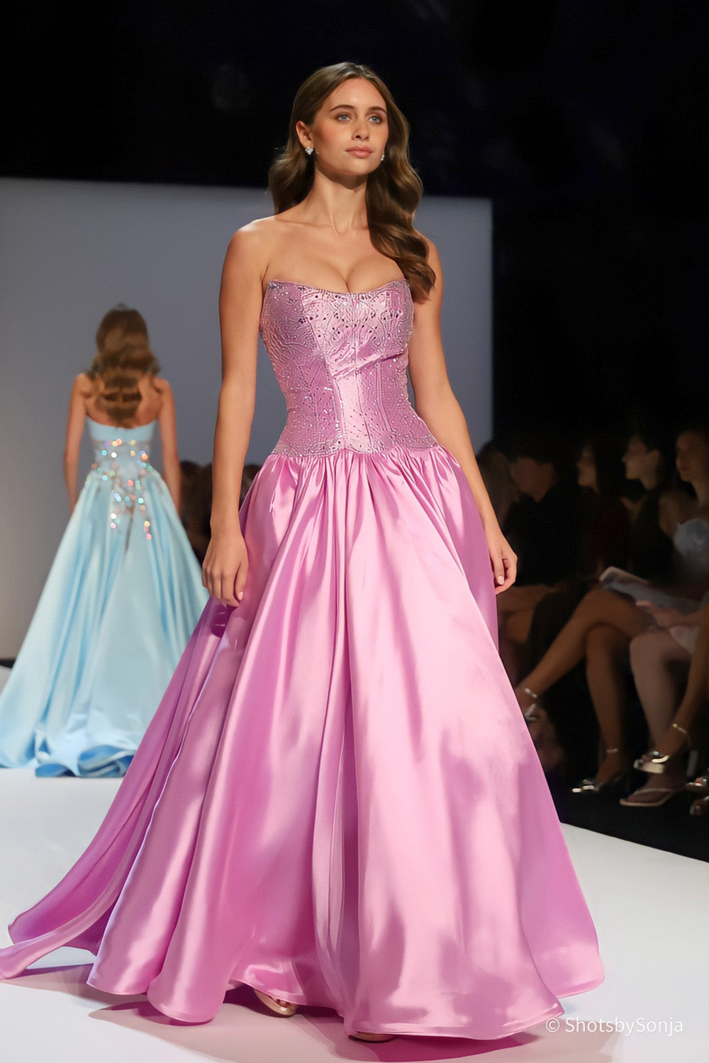 Sherri Hill 58522 violet silver beaded corset ball gown full length front view on runway