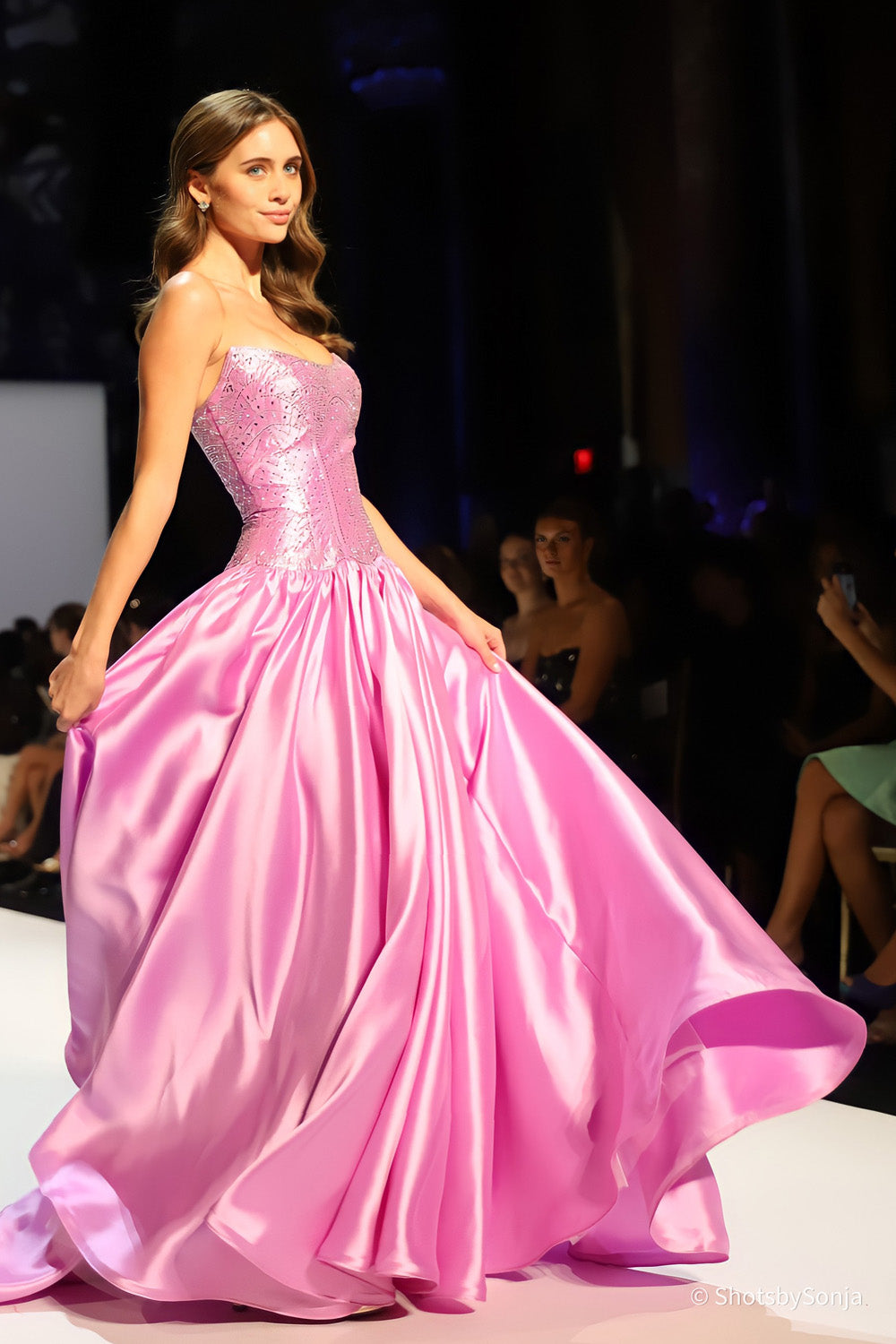 Sherri Hill 58522 violet silver side profile showing beaded bodice and full satin skirt sweep