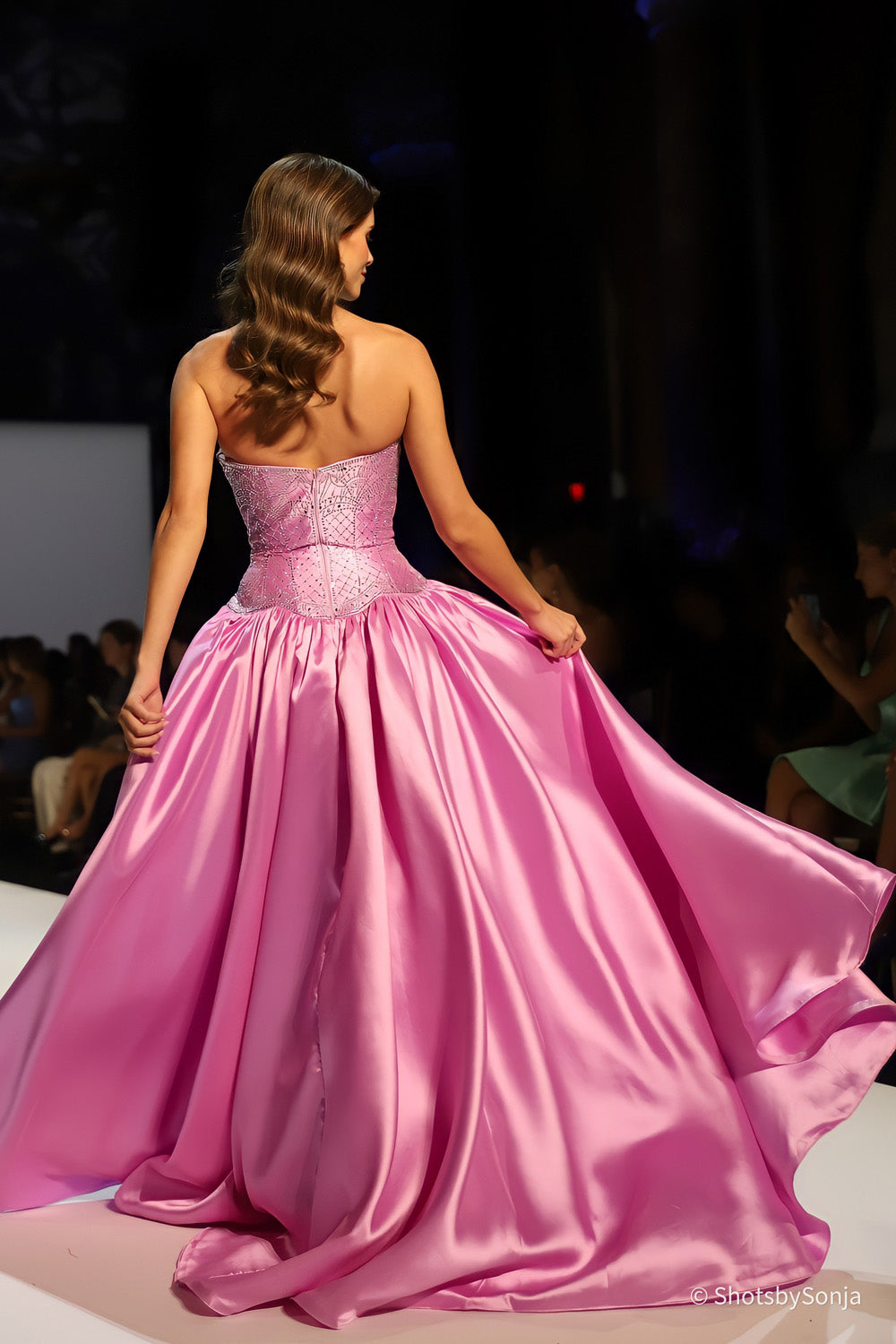 Sherri Hill 58522 violet silver back view showing boned corset construction and satin skirt volume