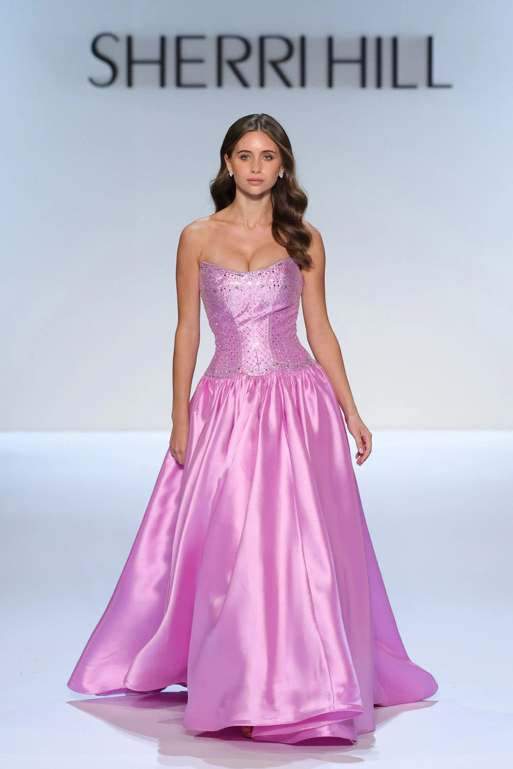Sherri Hill 58522 violet silver full front view with Sherri Hill signage visible in background