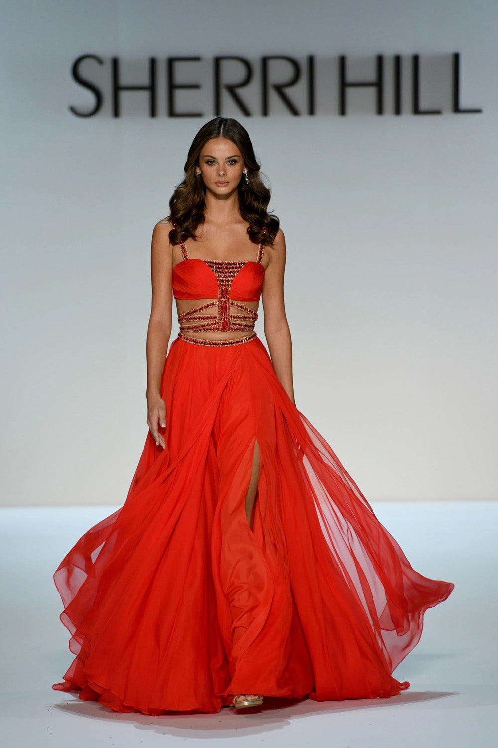 Sherri Hill 58552 red floor-length chiffon gown with beaded straps and open cage waist detail full view
