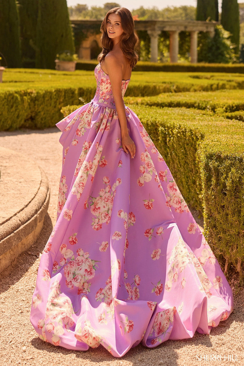 Sherri Hill 58652 lilac print full ball skirt back view with large floral rose print