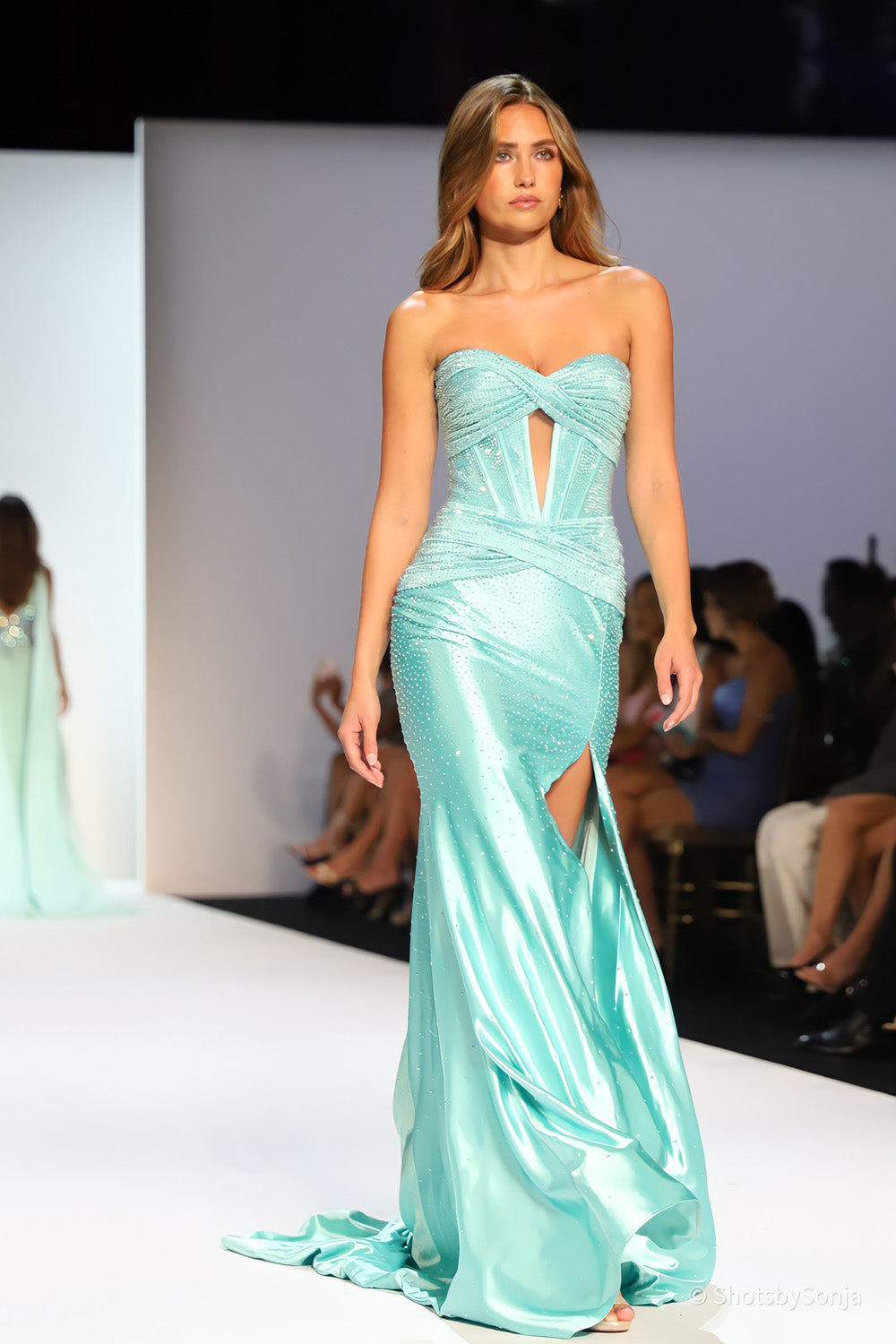 Sherri Hill 58678 light green strapless beaded mermaid gown with sweetheart neckline corset keyhole and front slit