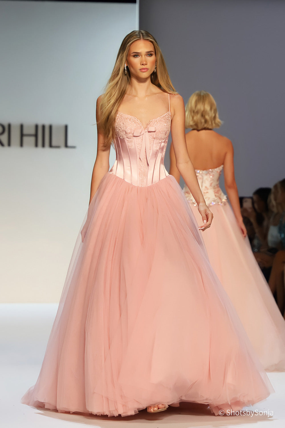 Sherri Hill 58736 rose satin corset ballgown with lace applique bodice and full tulle skirt on runway
