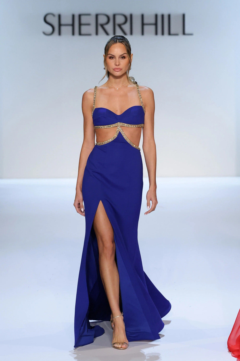 Sherri Hill 58743 royal gold sweetheart beaded cutout mermaid gown full front view on runway