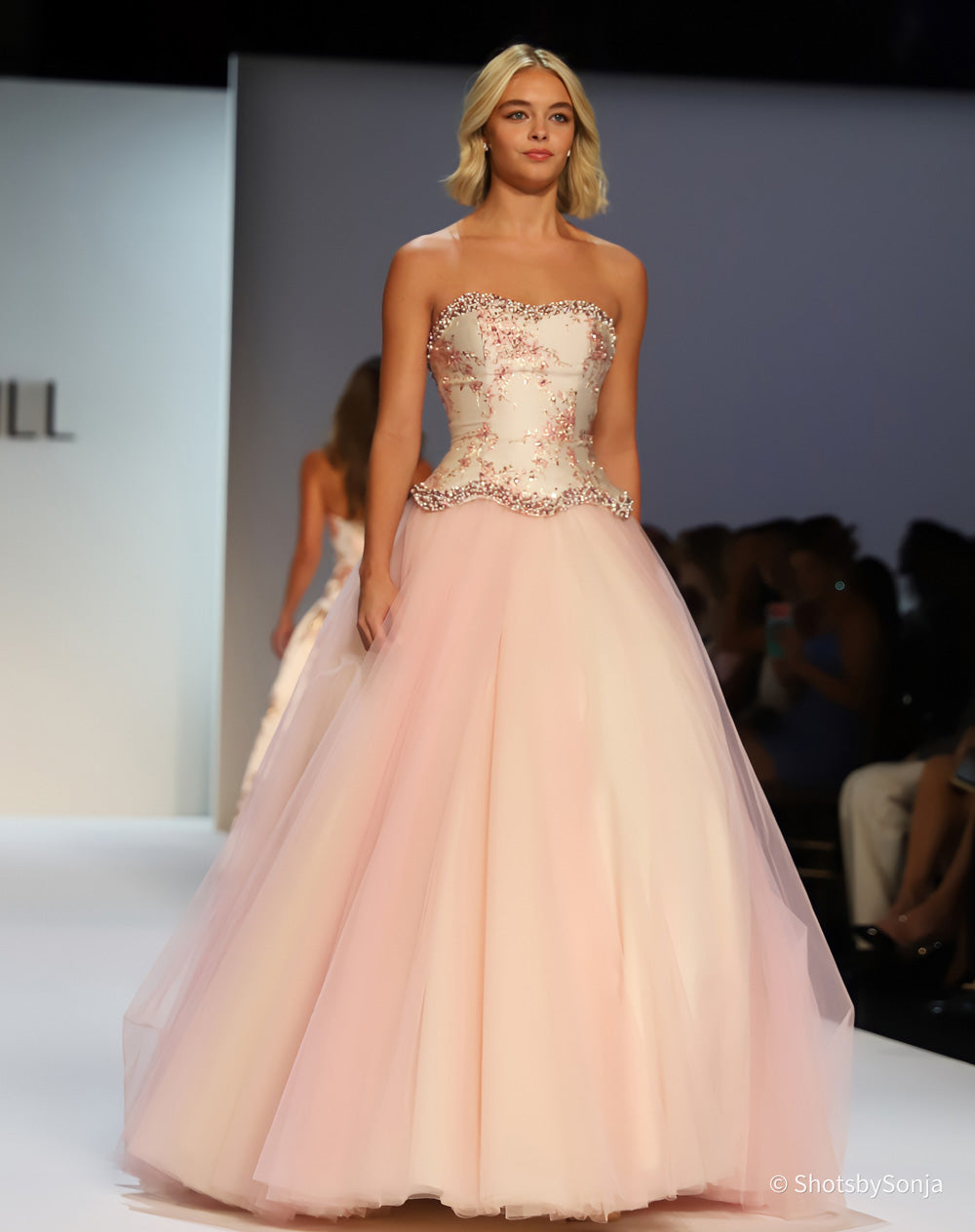 Sherri Hill 58808 pink gold print ballgown with beaded sweetheart bodice and full blush tulle skirt front view