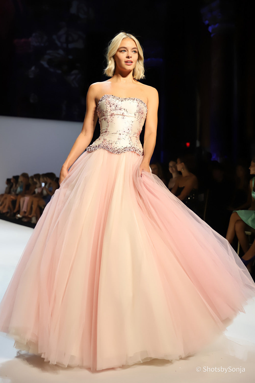 Sherri Hill 58808 pink gold print strapless ballgown with floral embroidered corset bodice and voluminous blush tulle skirt