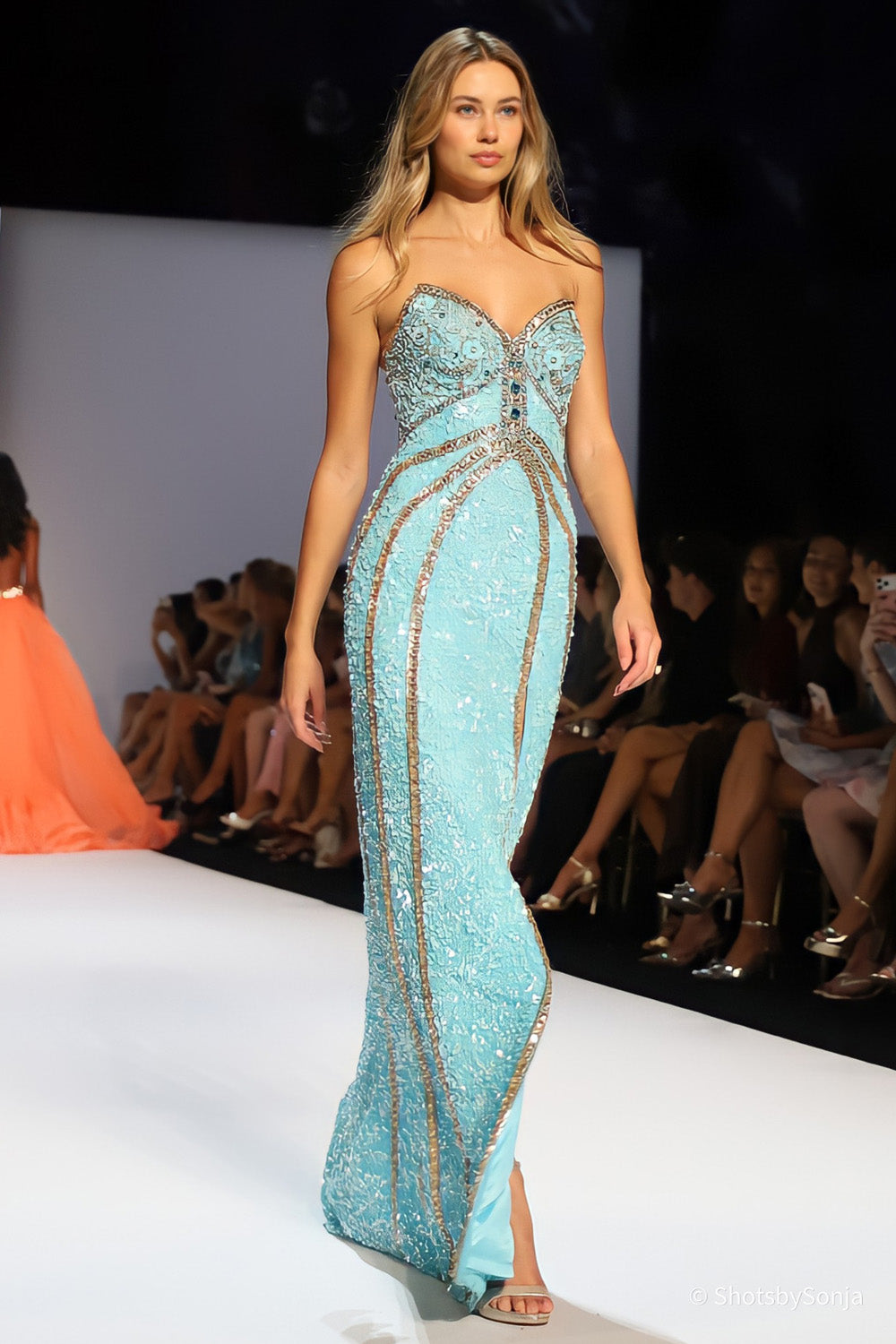 Sherri Hill 58825 aqua silver multi beaded floor length strapless gown with radiating gold detail panels