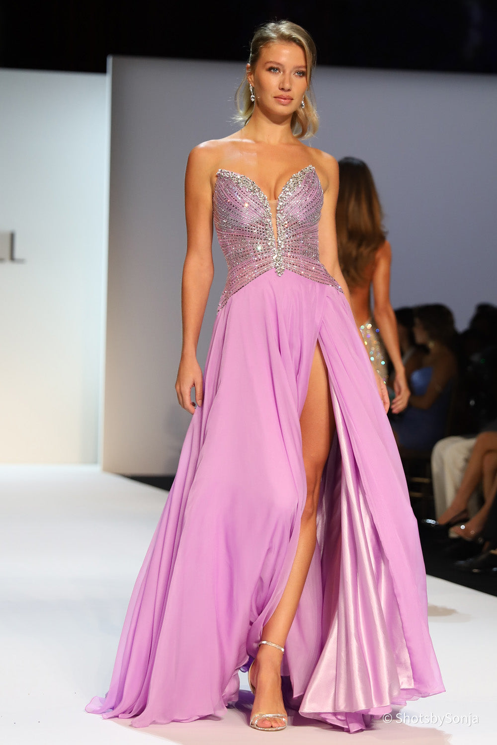 Sherri Hill 58833 orchid A-line gown with beaded sweetheart bodice and flowing chiffon skirt with front slit
