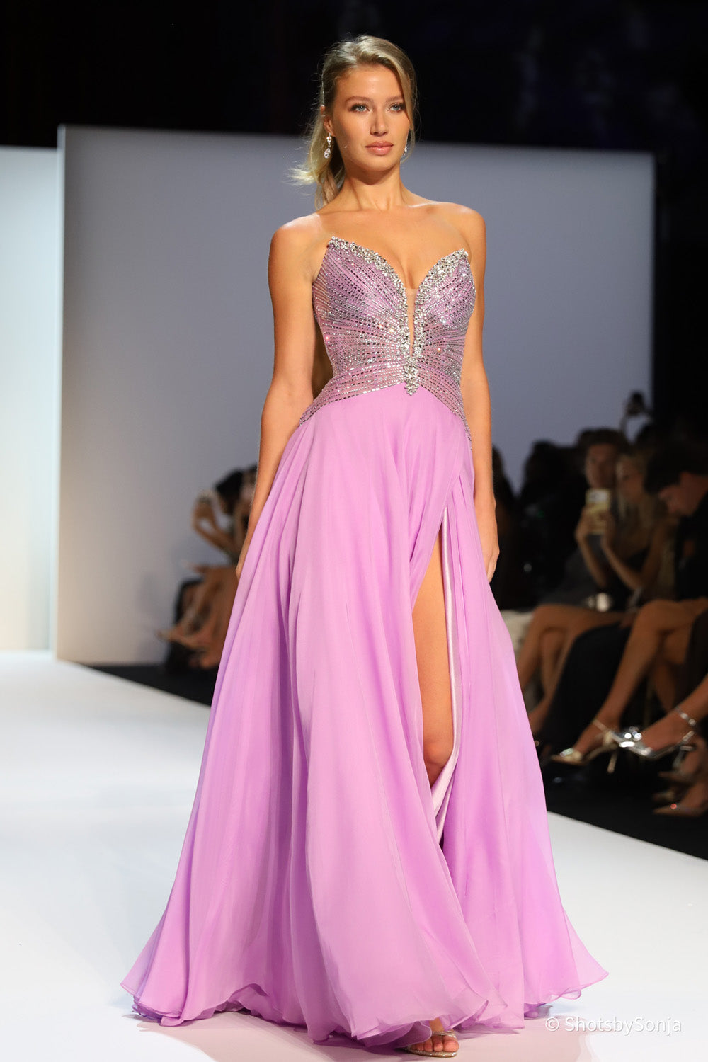 Sherri Hill 58833 orchid strapless gown showing radiating beaded bodice and full chiffon A-line skirt