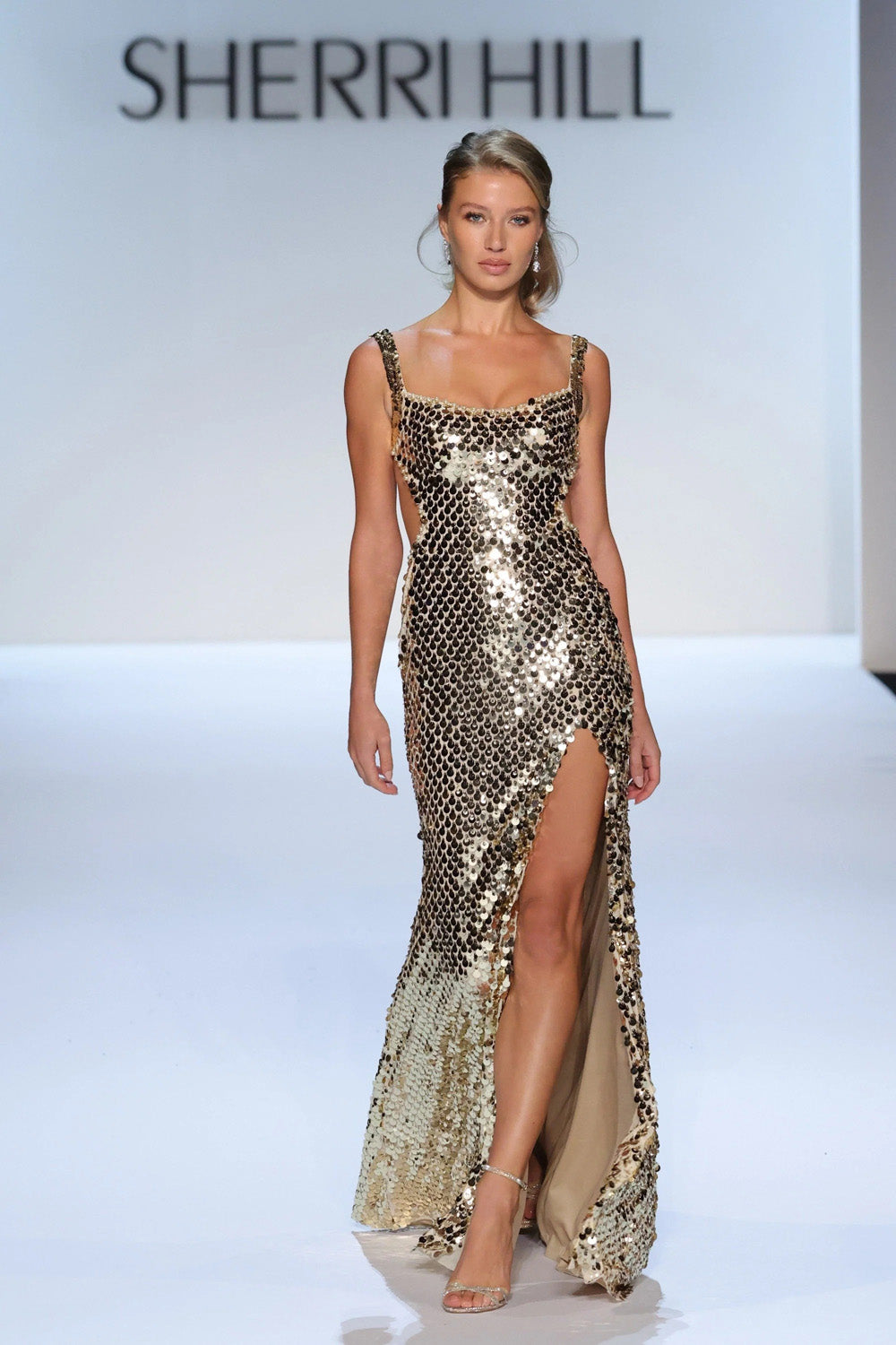 Sherri Hill 58860 gold disc embellished column gown with square neckline thick straps and thigh high front slit