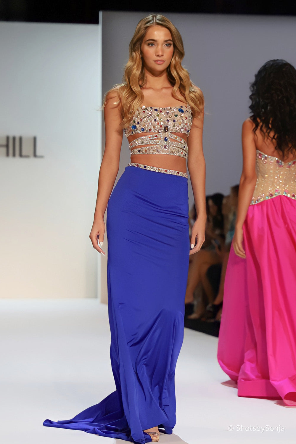 Sherri Hill 58901 bright royal multi two piece gown with multi coloured beaded bodice and floor length skirt front view