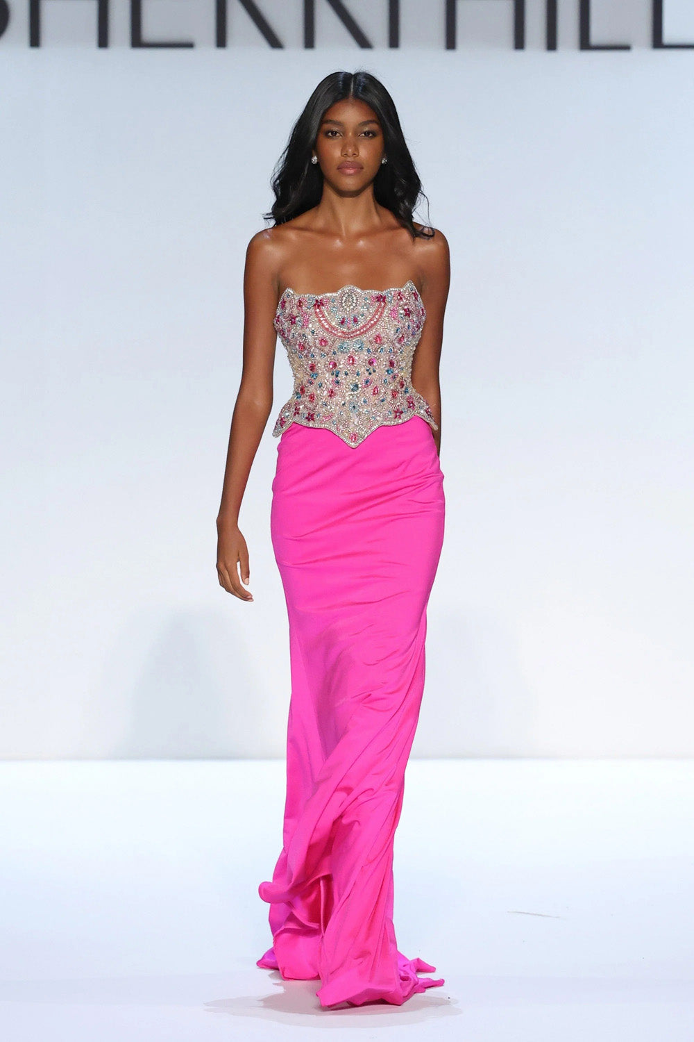 Sherri Hill 58919 bright fuchsia multi full length view of beaded corset bodice and fluid fitted floor length fuchsia skirt with sweep hem