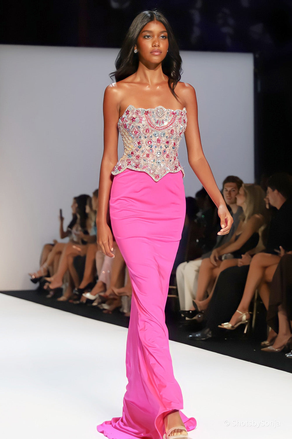 Sherri Hill 58919 bright fuchsia multi floor length gown with beaded corset bodice and scalloped hem detail full length view