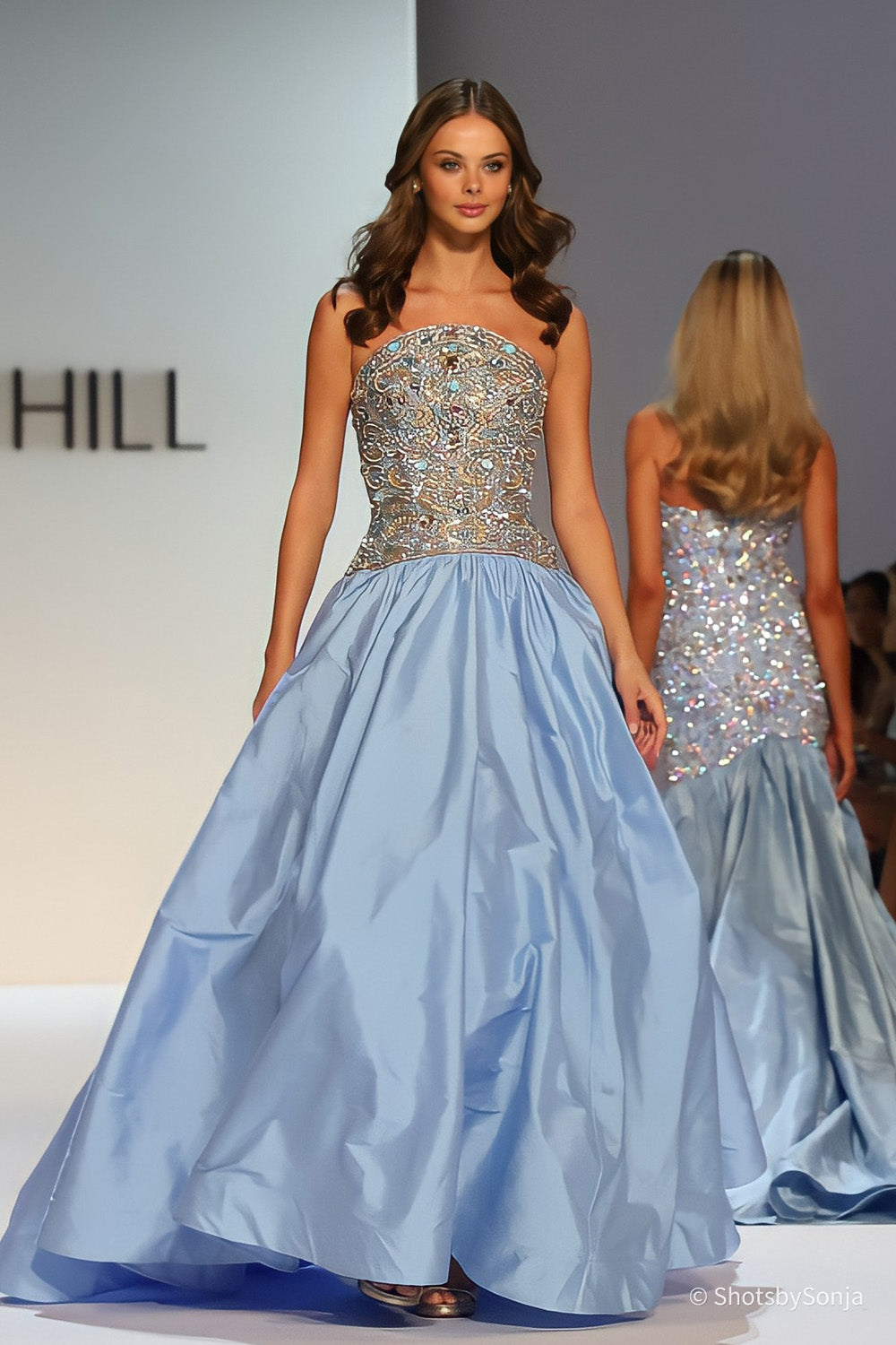 Sherri Hill 58921 light blue multi ball gown with gold scroll beaded bodice and full taffeta skirt from the front