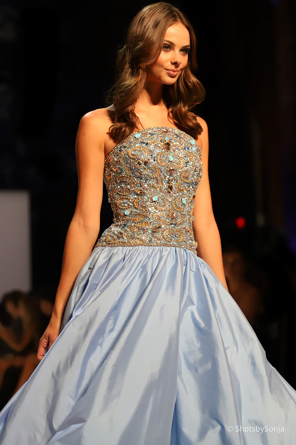 Sherri Hill 58921 light blue multi close up of beaded scrollwork bodice with multicolor stone accents and waist band