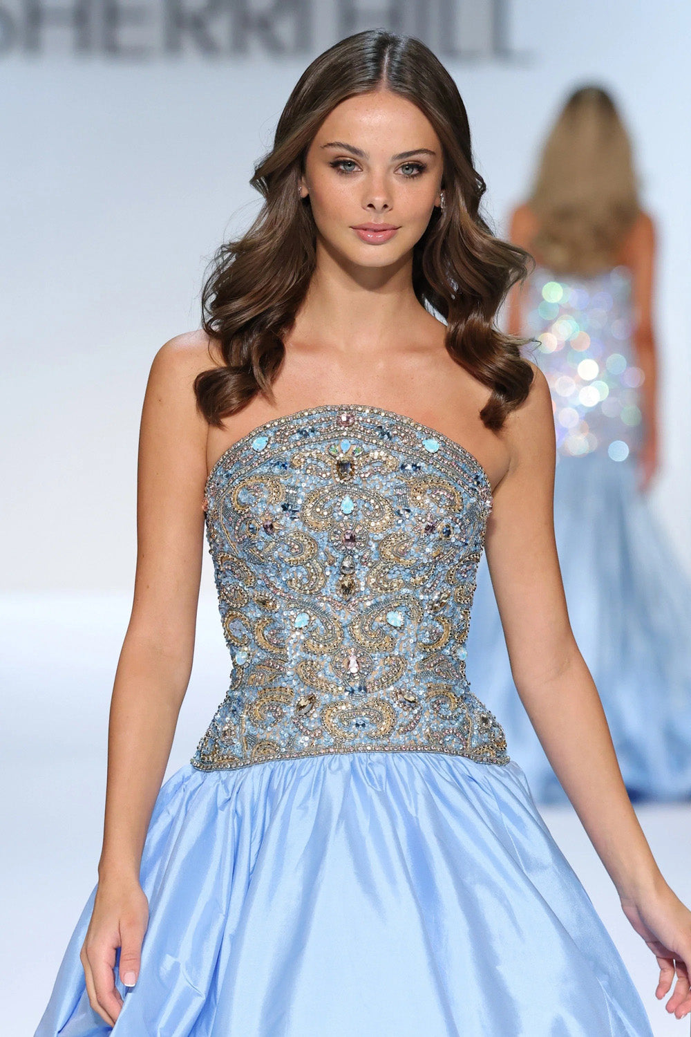 Sherri Hill 58921 periwinkle multi beaded strapless bodice with gold and blue stone embellishment and gathered skirt