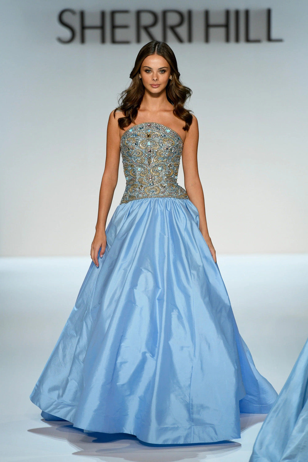 Sherri Hill 58921 periwinkle multi full length ball gown with embellished corseted bodice and voluminous satin skirt