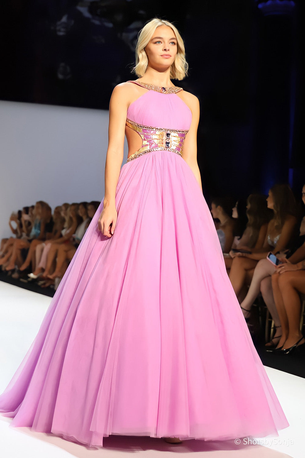 Sherri Hill 58935 orchid tulle ballgown with gold beaded neckline and wide embellished waist panel