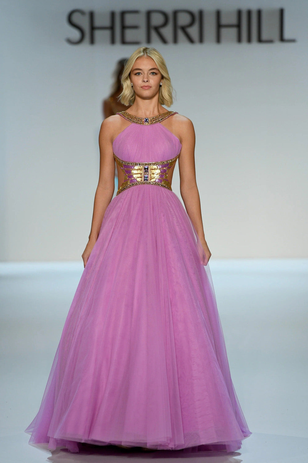 Sherri Hill 58935 orchid ballgown full front view with beaded halter neckline and voluminous tulle skirt