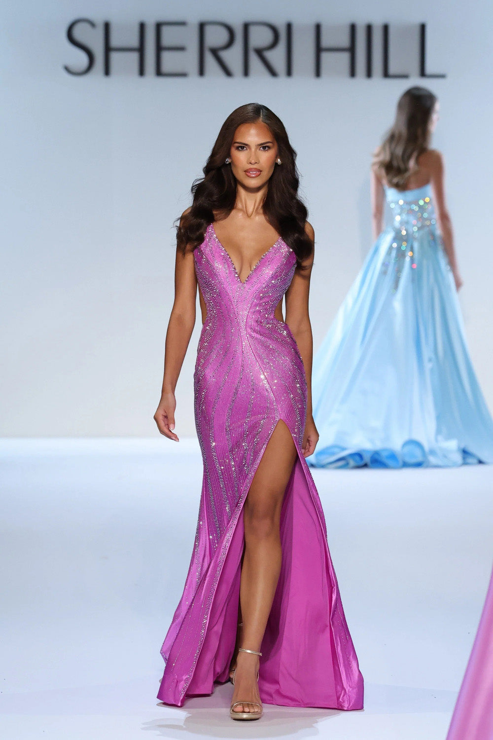 Sherri Hill 58939 violet beaded V-neck mermaid gown with high front slit and smooth satin skirt, full length view