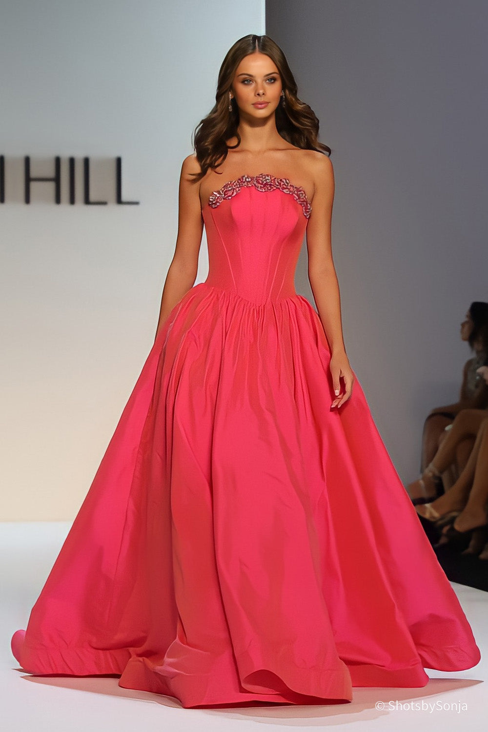 Sherri Hill 67229 coral strapless ballgown with beaded sweetheart neckline and full gathered taffeta skirt